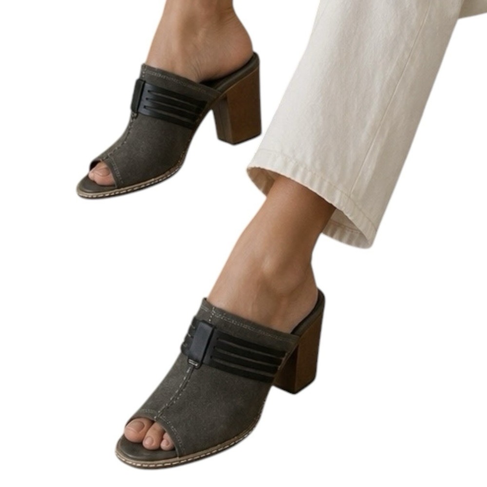 TIMBERLAND Earthkeepers Suede Mule sz 9.5 Gray Peep Toe Wooden Heel Boho 8757A